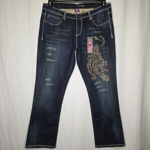 Ed Hardy Y2K Rhinestone Embroidered Distressed Tiger Jeans NWT Size 18 Deadstock